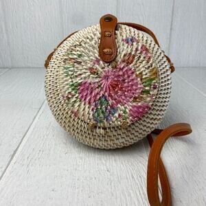 Round Rattan Hand Woven Crossbody Basket Bag Purse Boho Birds Flowers Butterfly